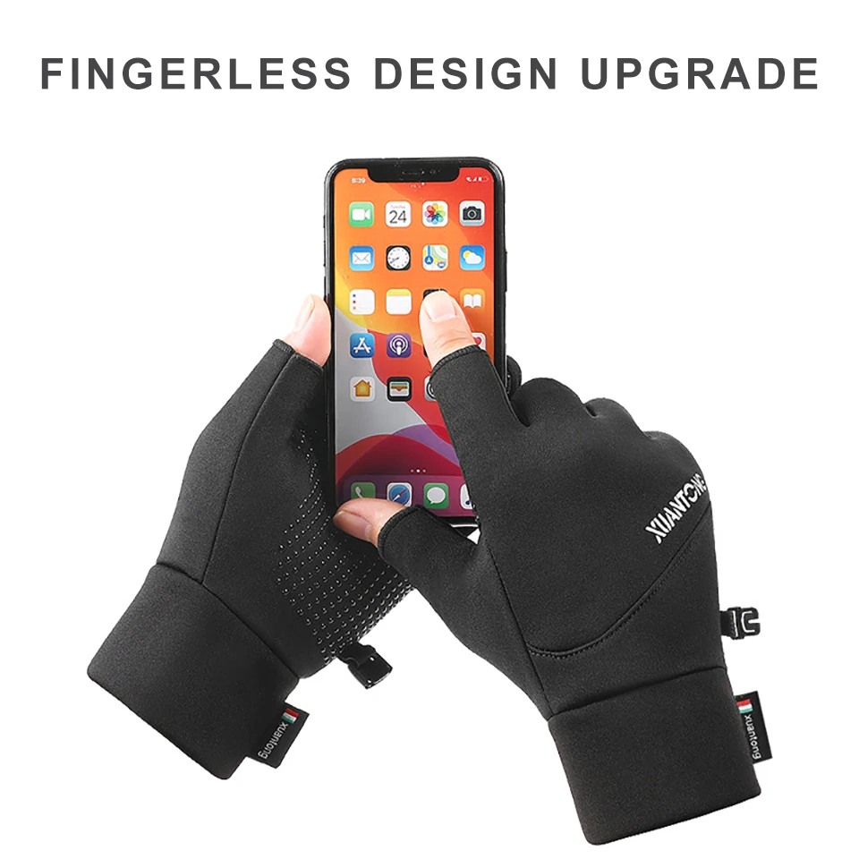 GOBYGO 1Pair Winter Gloves Add FleeceFor Warmth Silicone Anti-slip Cycling Gloves Two-finger-exposed Touchscreen Fishing Gloves