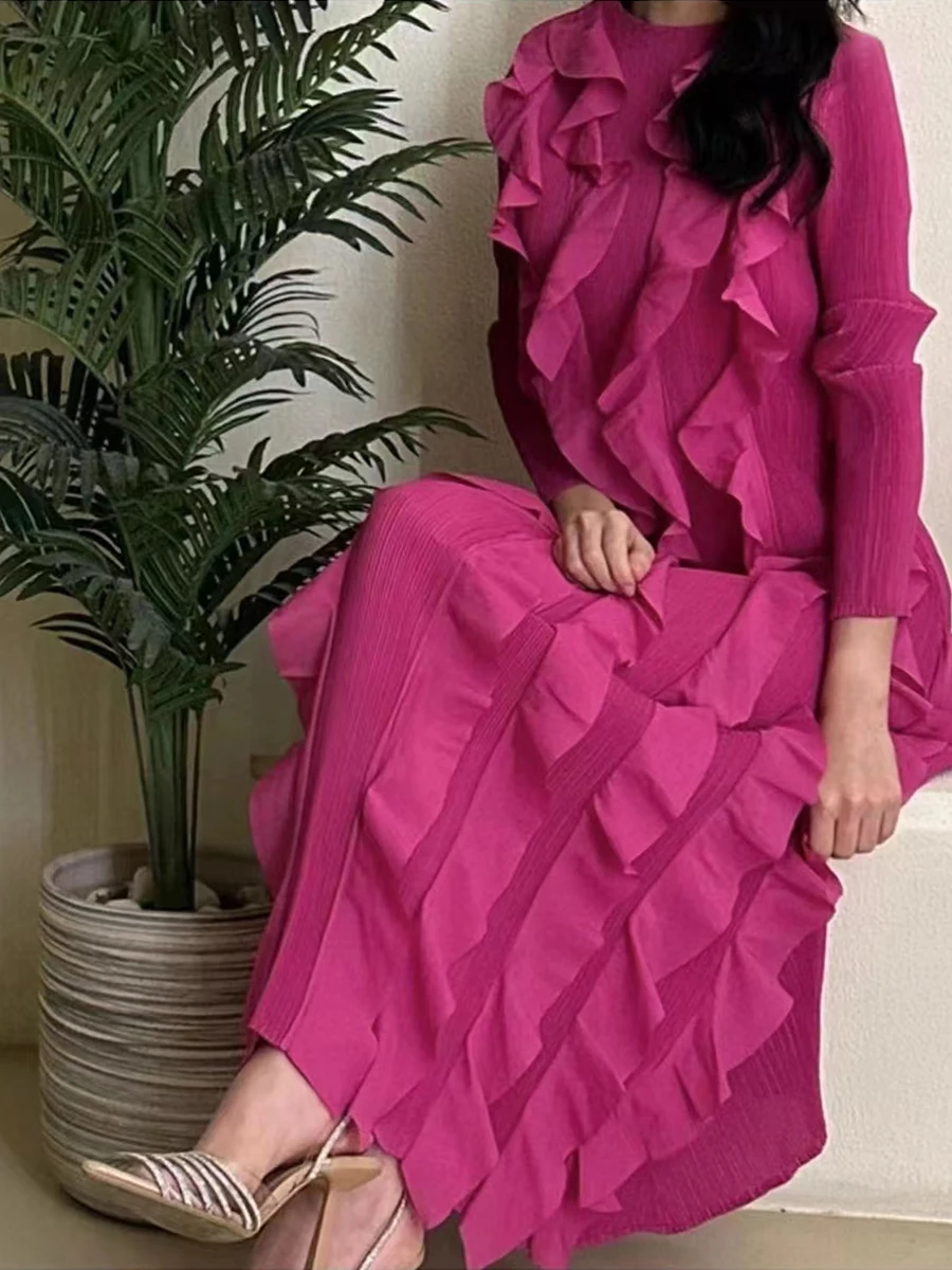 

ANLAN Miyake Pleated French Dress O-Neck Long Sleeved Slim Dresses for Women 2024 Summer New Middle East Hot Sales 2KY16295