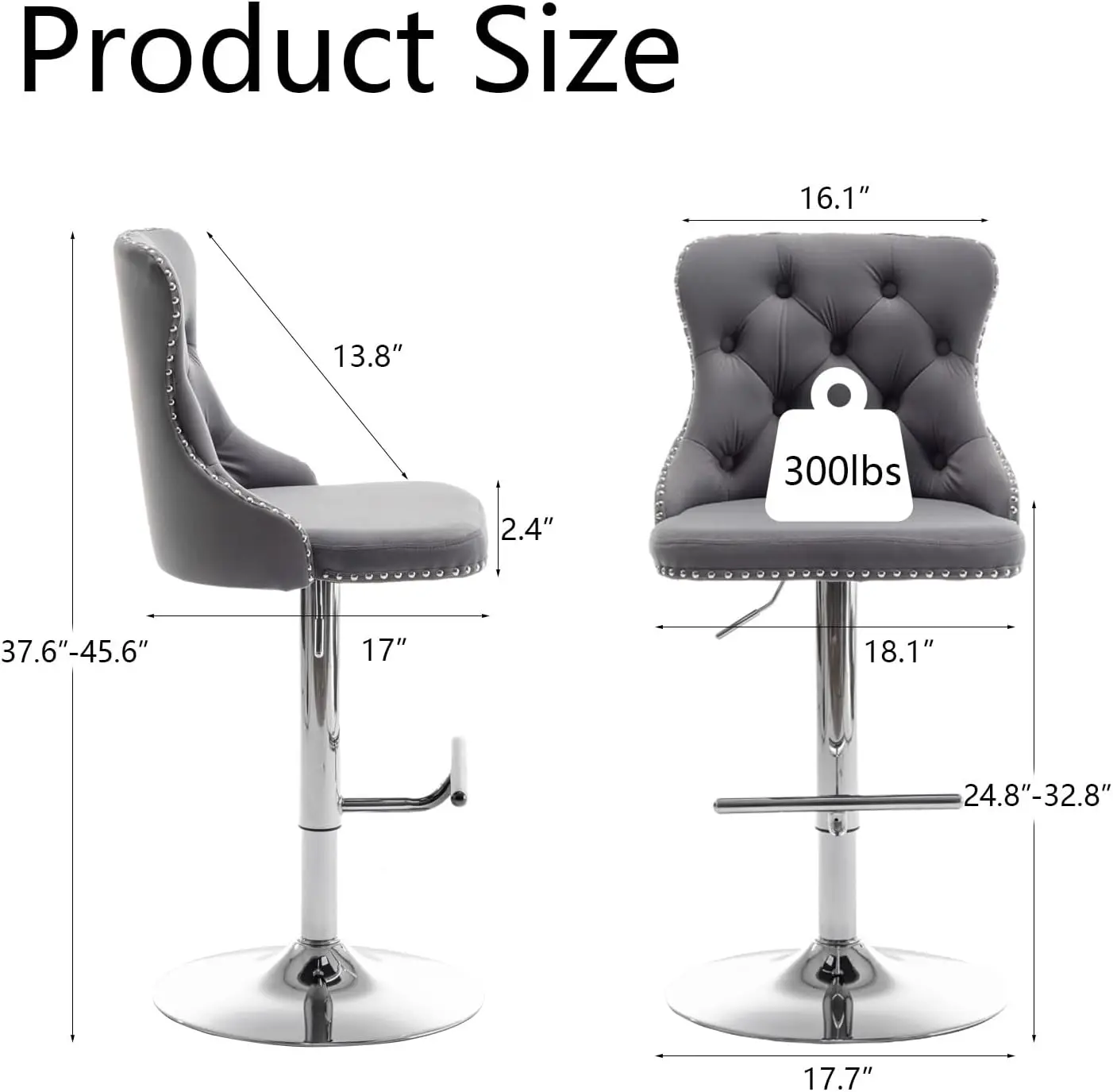 ネイルヘッドトリムとボタン付きベルベットバースツール、キッチン用の調整可能なバースツール、カウンターの高さ、4個セット