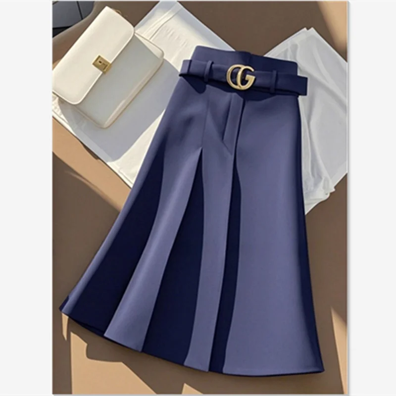 Autumn New Elegant Office Lady Skirt With Belt Women's High Waist Slim A-Line Pleated Skirt Temperament Bag Hip Midi Skirt 418P