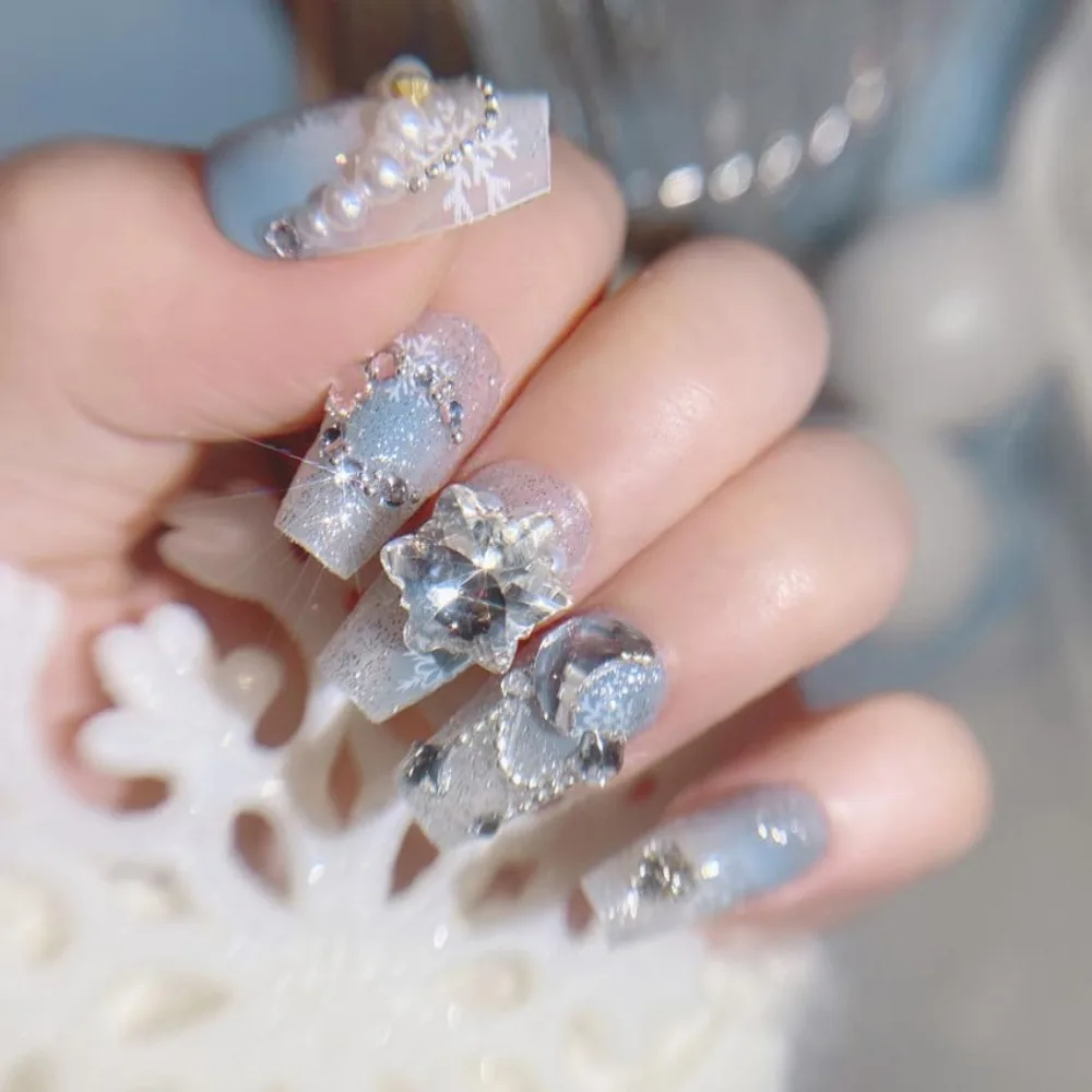 Full Cover Acrylic Nail Art Tips with 3D Designs and Pearls for Women - 24 Pcs Blue