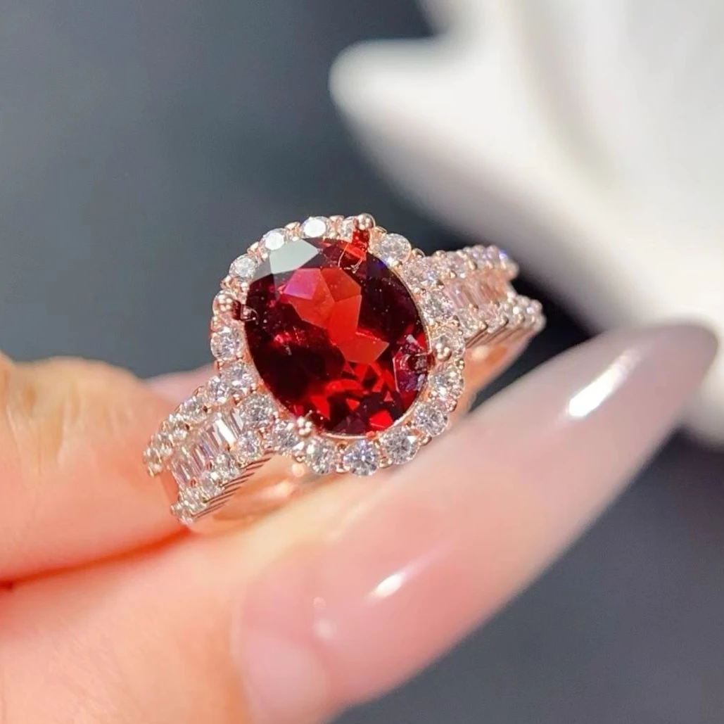 

Natural Mozambique Garnet Ring 925 Sterling Silver 8x10mm Red Gemstone Halo Baguette CZ Band with Certificate Fine Jewelry