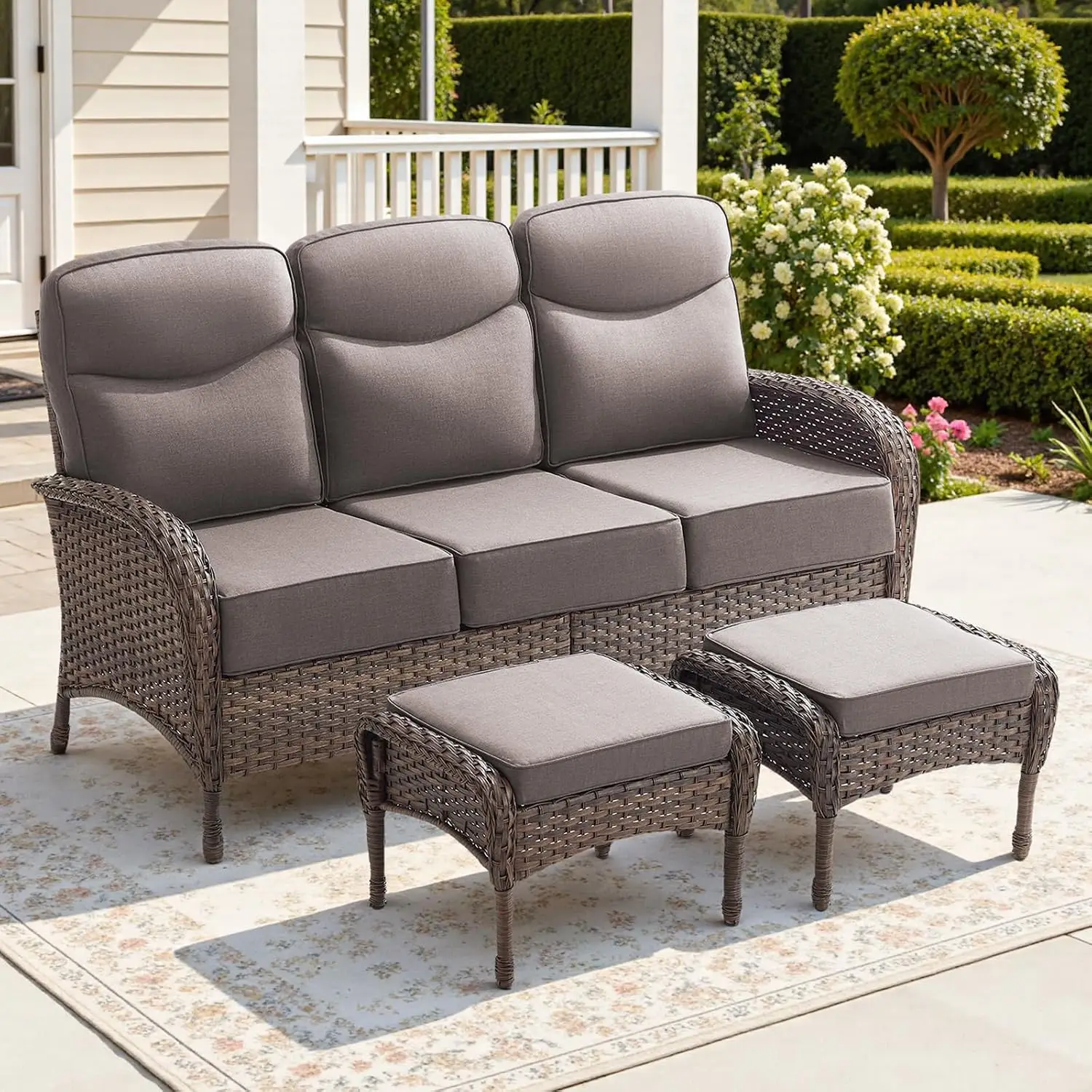 3-Piece Wicker Patio Sofa Set with Thick Cushions, Covered Couch, Ottoman & All-Weather Seating for Backyard Porch, Customized