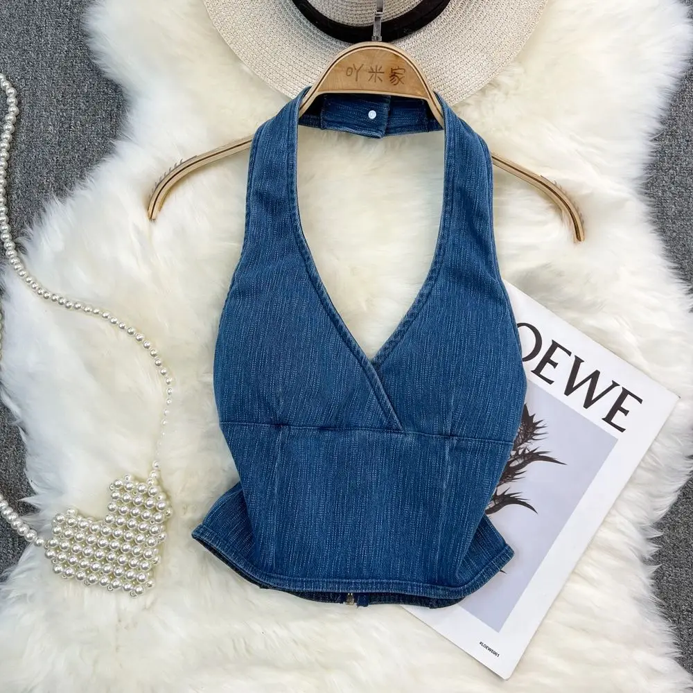 Tank Top Women Denim Halter Off-shoulder Crop Tops Womens Jeans Backless Streetwear Summer Camis Female V-neck Fashion Dropship