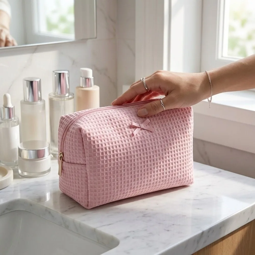Sweet Bow Decor Waffle Knit Makeup Bag Zipper Lightweight Cosmetic Bag Portable Polyester Toiletry Organizer Travel
