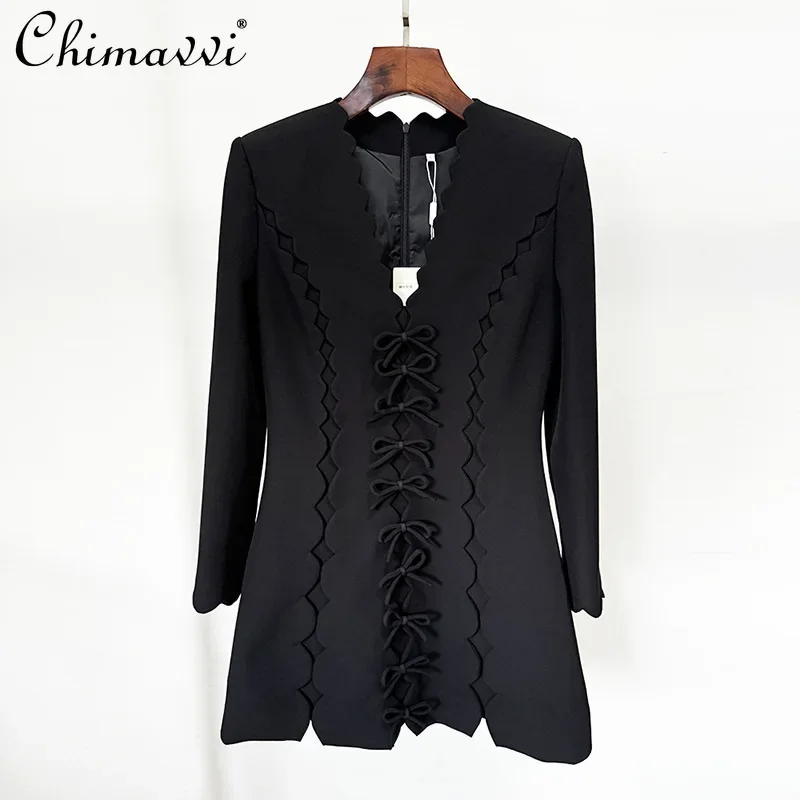 

French Fashion Commuter Wave V-Neck Long Sleeve Bow High Waist A-line Temperament Black Evening Short Dress Women Spring 2025