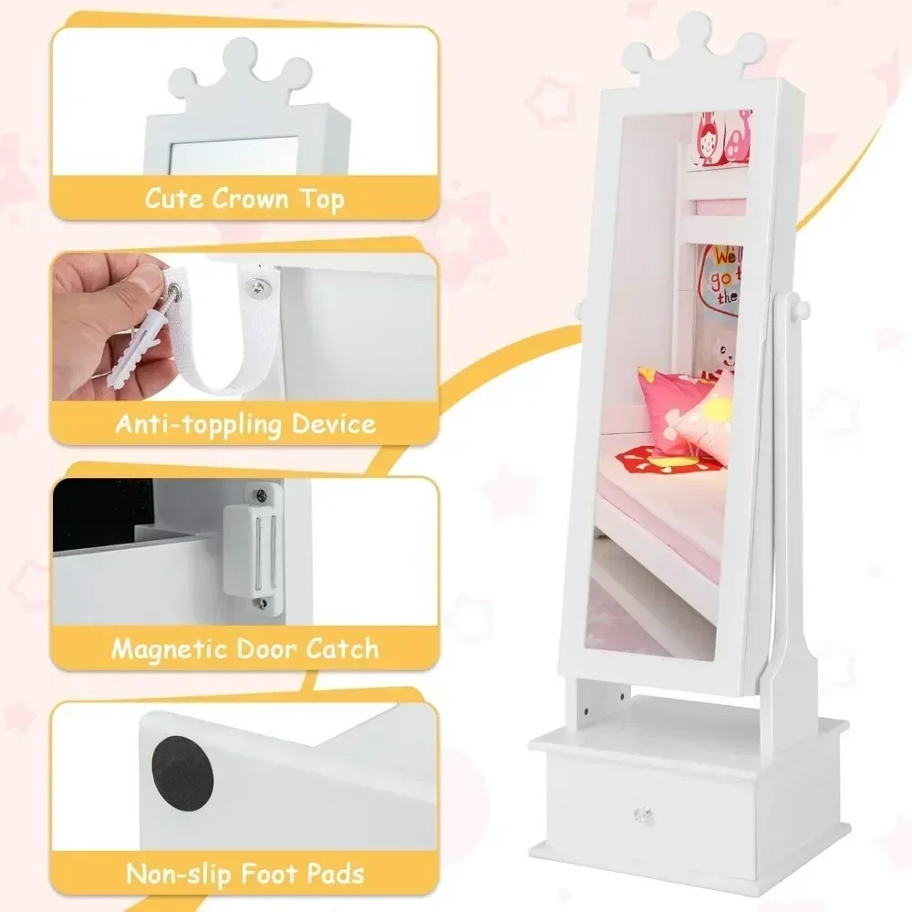 Kids Jewelry Armoire Cabinet, 2-Angle Tilting Wooden Standing Jewelry Organizer with Full-length Mirror and Storage Drawers