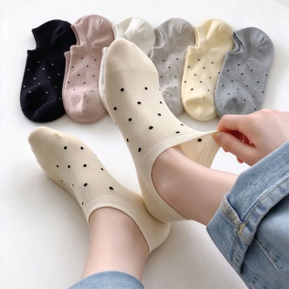 Black White Polka Dot Ankle Socks Pure Cotton Retro Japanese Style Girls Short Socks Spring Summer Casual Hosiery