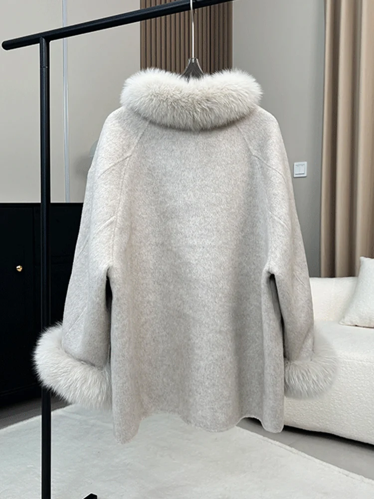 2025 novo outono inverno feminino real gola de pele de raposa manguito casaco de lã capa cashmere jaqueta quente luxo grosso casacos femininos