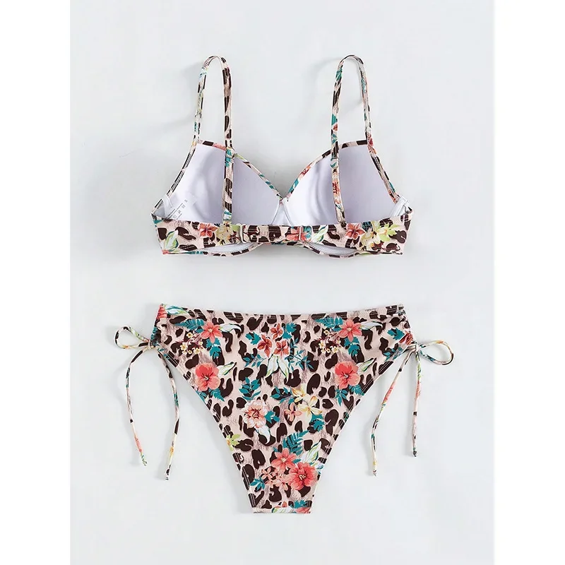 Bikini sexy con lacci con stampa leopardata Costume da bagno diviso a fiori da donna in 2 pezzi a vita alta stile spiaggia bikini estivo da spiaggia