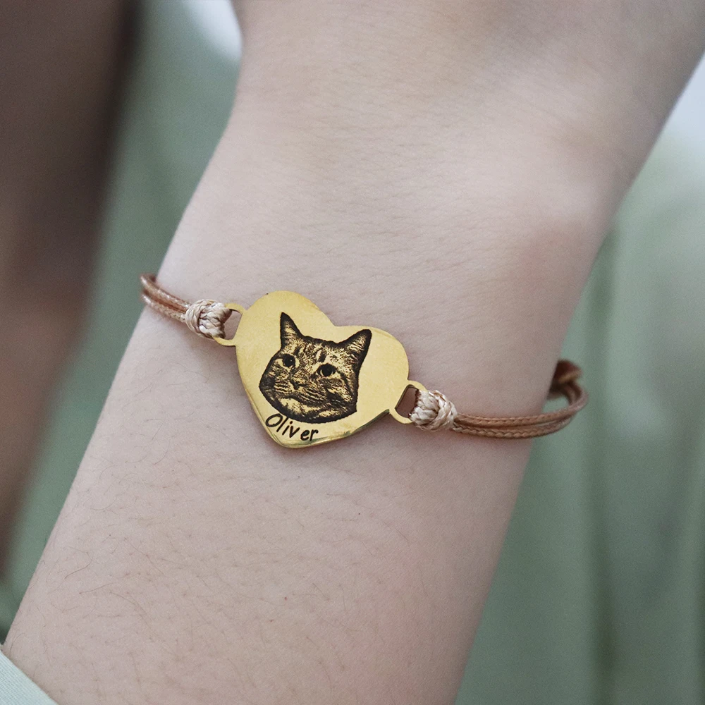 Custom Heart Pet Portrait Bracelet, Adjustable Gift
