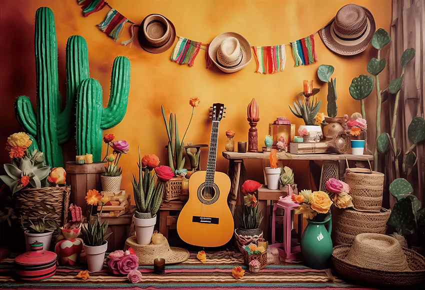 Mehofond Photography Background Mexican Western Cactus Guitar Floral Kids Birthday Party Cake Smash Decor Backdrop Photo Studio