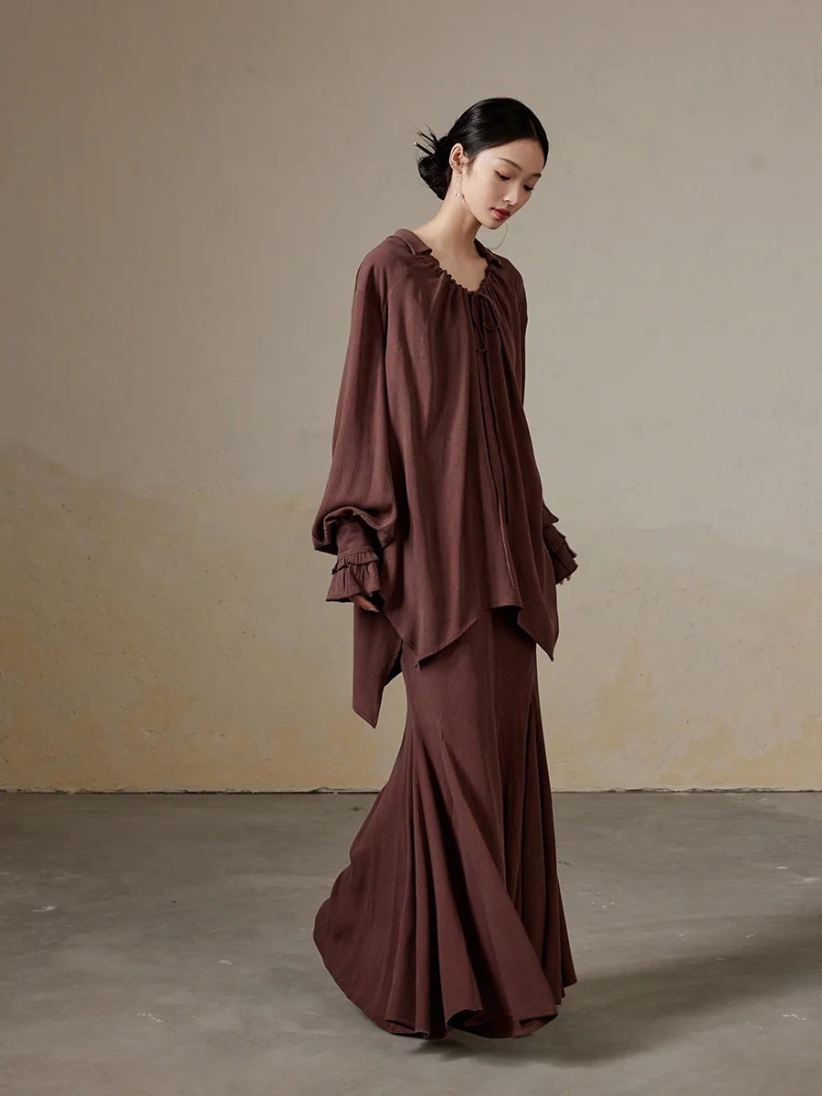 

ONMOON Осень Зима Wine Red Long Sve irt с поясом Fi Tail f Юбка Комплект Ele French Sle Свободный крой Женская Fas...