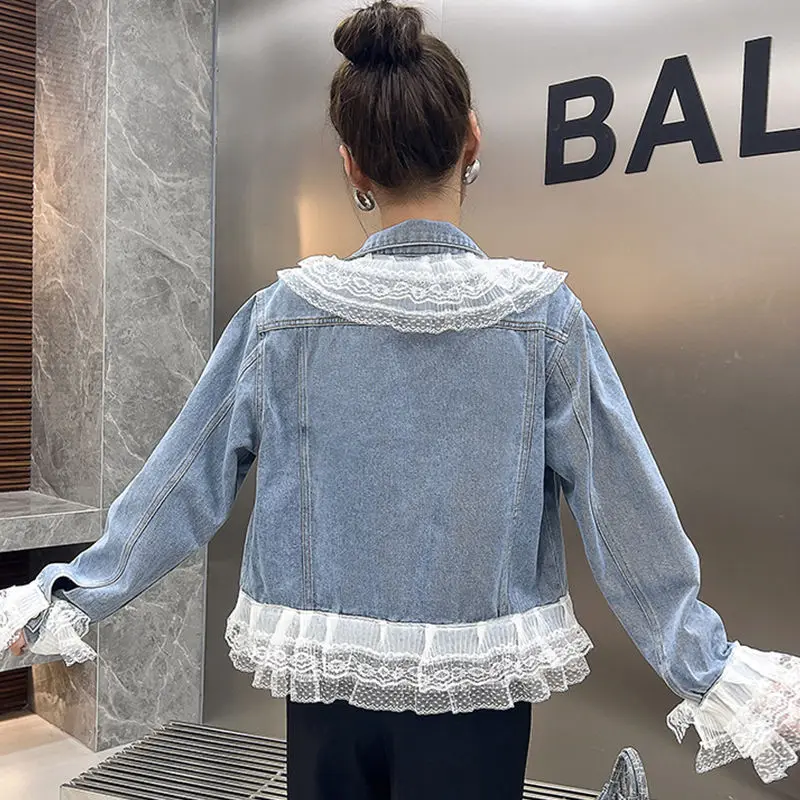 Nail Bead Denim Jacket Women Spring Autumn Coat 2025 New Fashion Lace Edge Jacket Top Vintage Cowboy Coat Female Outerwear