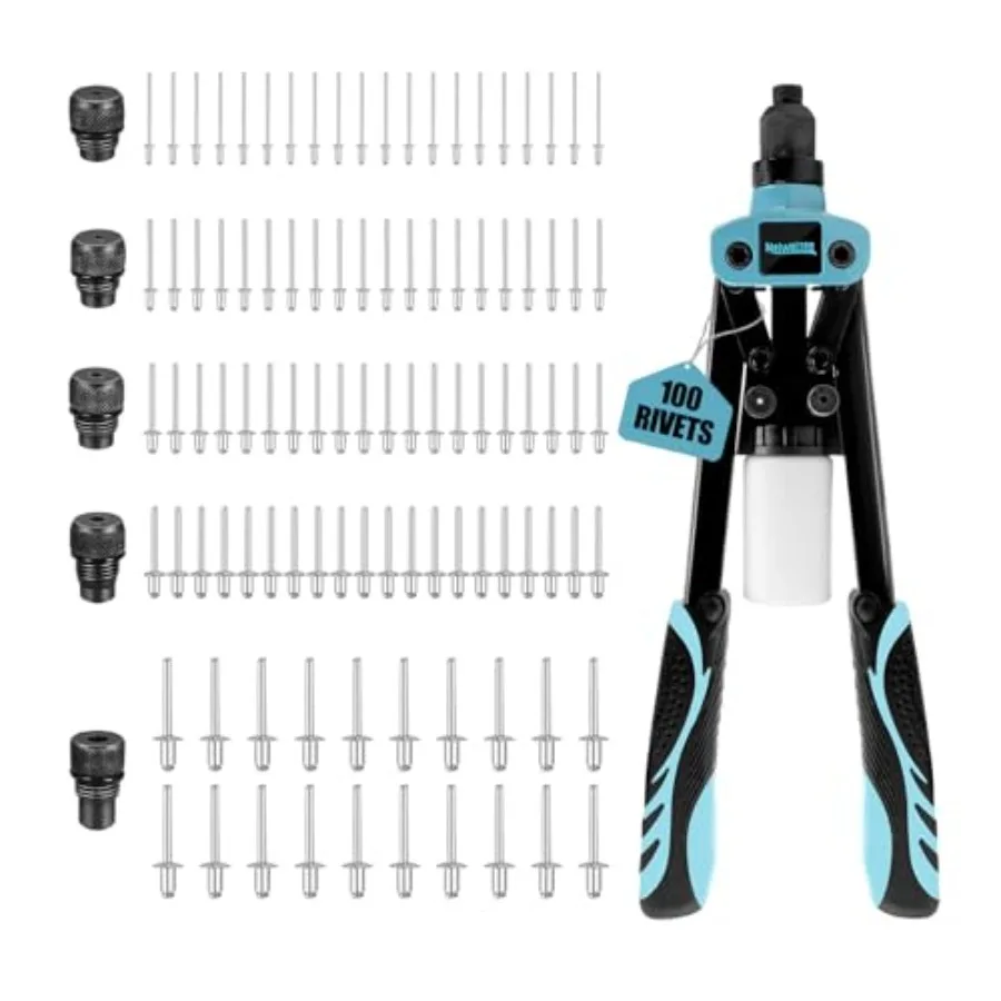 13 수동식 헤비듀티 리벳건 (리벳 100개, 노즈피스 5개 포함) 플라스틱, 금속, 알루미늄 튜브, 스톡, 거터 및 자동차용