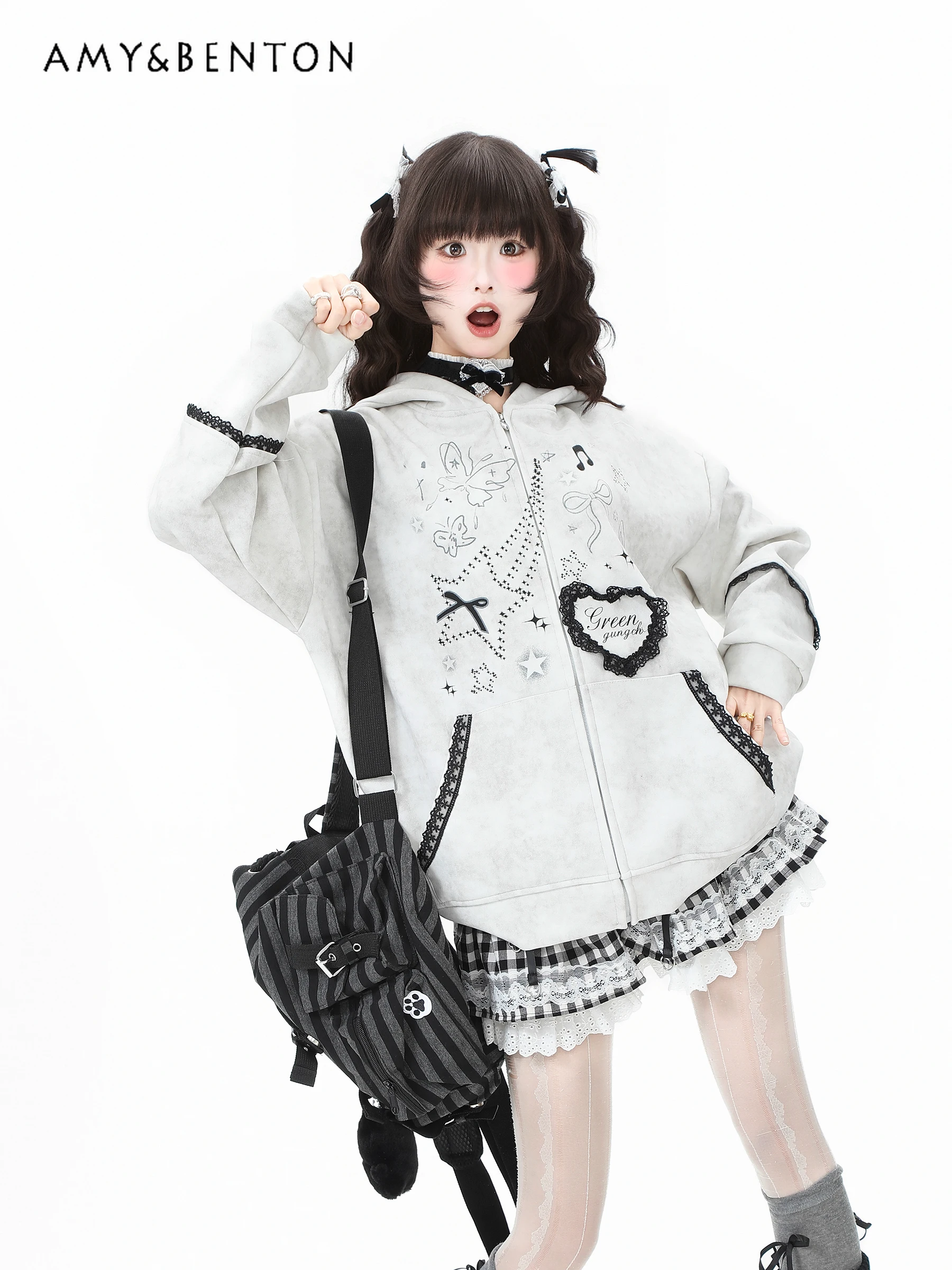 2025 Spring and Autumn New Style Bunny Ear Lace Blue Hooded Sweatshirt Jacket Women Loose Casual Pink White Gray Cardigan Top