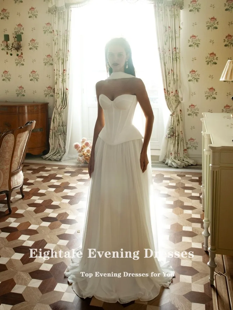 Eightale 아랍어 웨딩 드레스 스윗하트 맞춤형 아이보리 새틴 쉬폰 바닥 길이 신부 가운 백리스 신부 파티 드레스