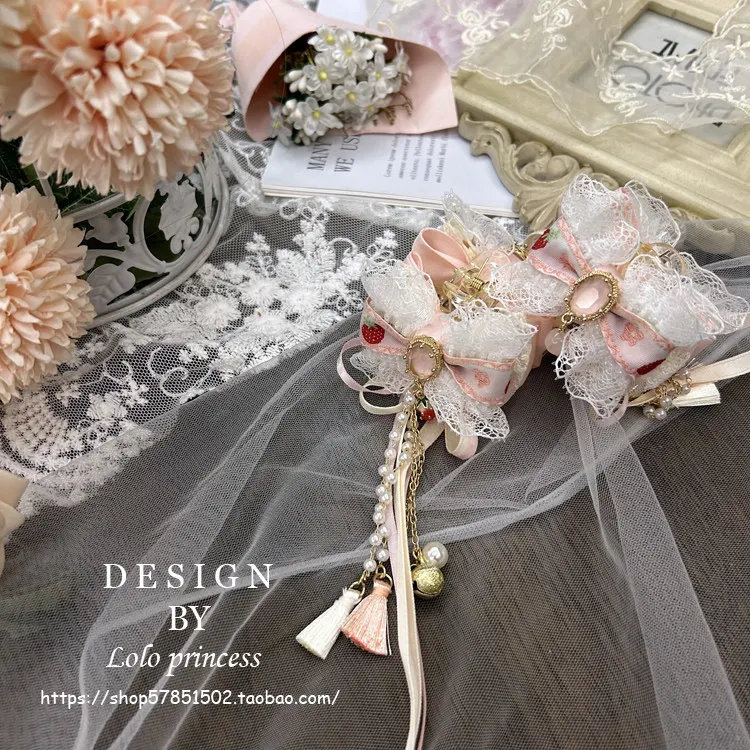 "Strawberry Milk Husband" Pink Strawberry Cute Lolita Girl Hair Accessories Handmade Lace Bow Long Floating Hairpin