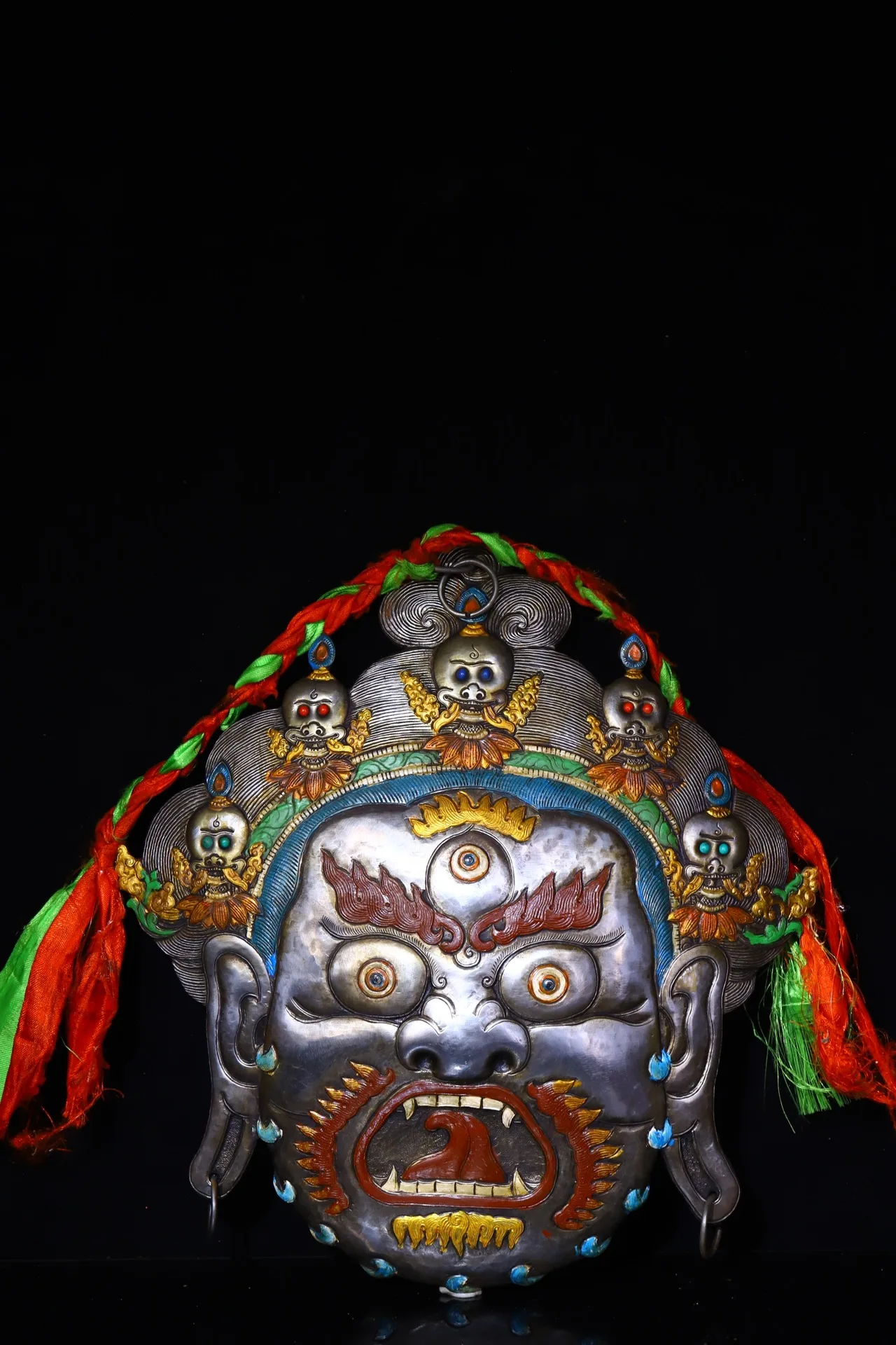 

13"Tibetan Temple Collection Old TiantiePainted mosaic Gem Mahakala Buddha Head Skull Mask Tangka hanging screen Worship Hall