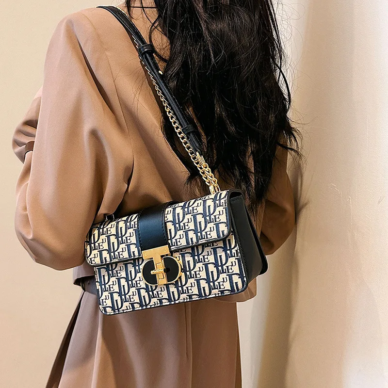 

2023 Новая женская сумка-цепочка премиум-класса с французским принтом — маленькая квадратная ретро-универсальная сумка через плечо и через плечо