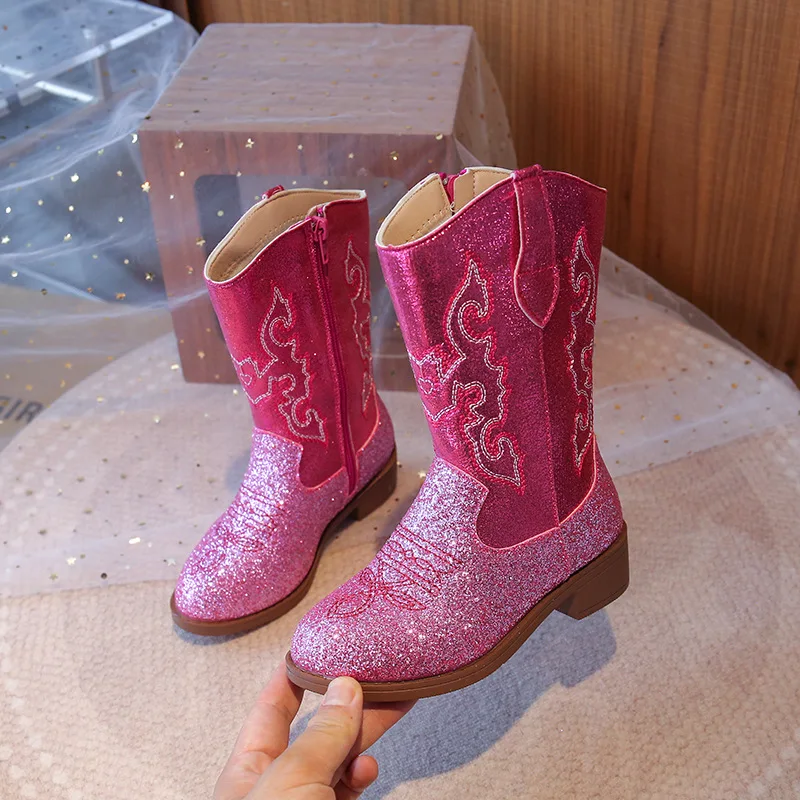 

Girls Boots Toddler Snow Mid Calf Glitter Western Cowboy Boot 2025 Autumn Big Kid Riding Girls Boot s Kids Shoes for Girl