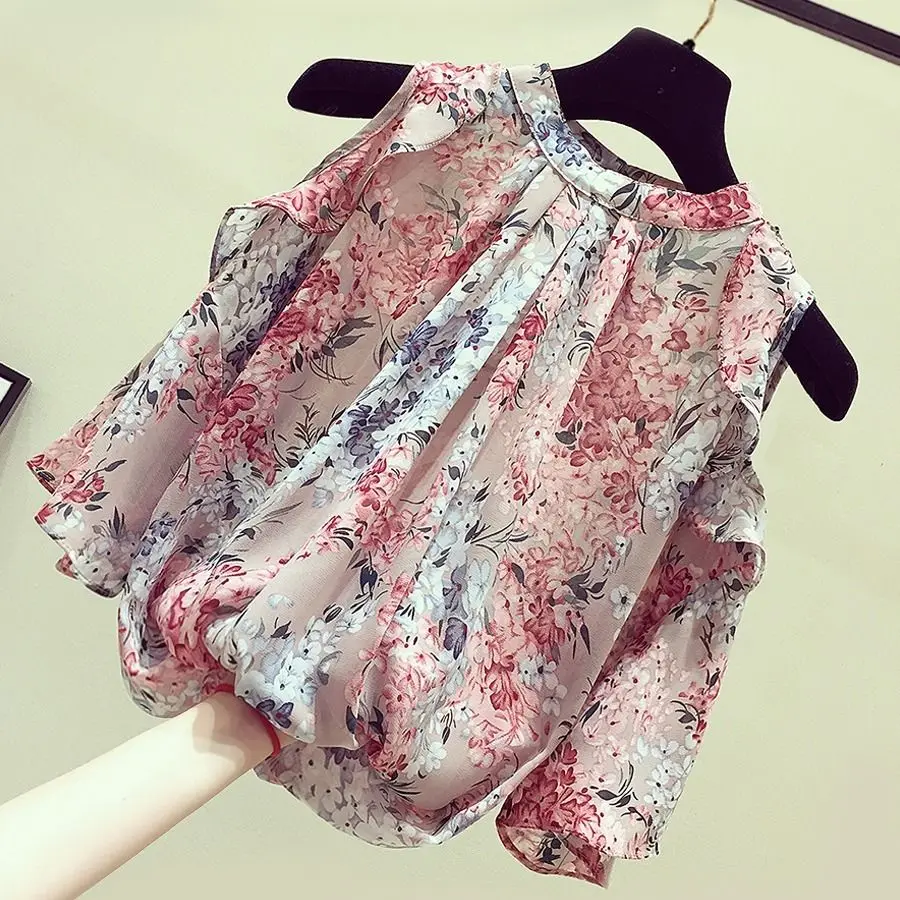 Fashion Elegant Floral Off Shoulder Chiffon Shirt Summer New Women Clothing O-Neck Ruffles Loose Casual Pullovers Blouses Female