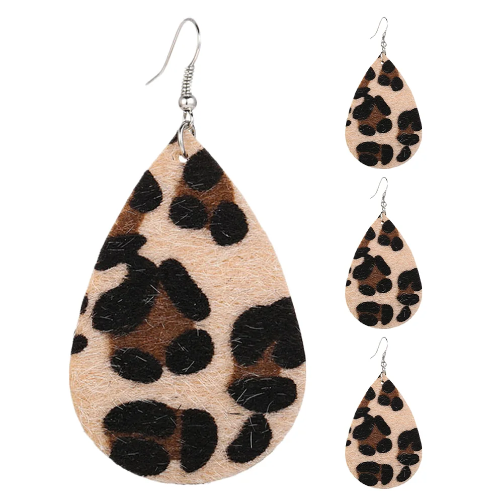 2 Pairs Leopard Print Earrings Leopord Pu Drop Dangle Hanging Jewelry Teardrop