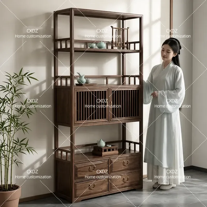 Solid Wood Chinese Bookshelf Elm Display Rack Multi-layer Tea Display Shelf Bogu Rack Duobao Pavilion Storage Organizer