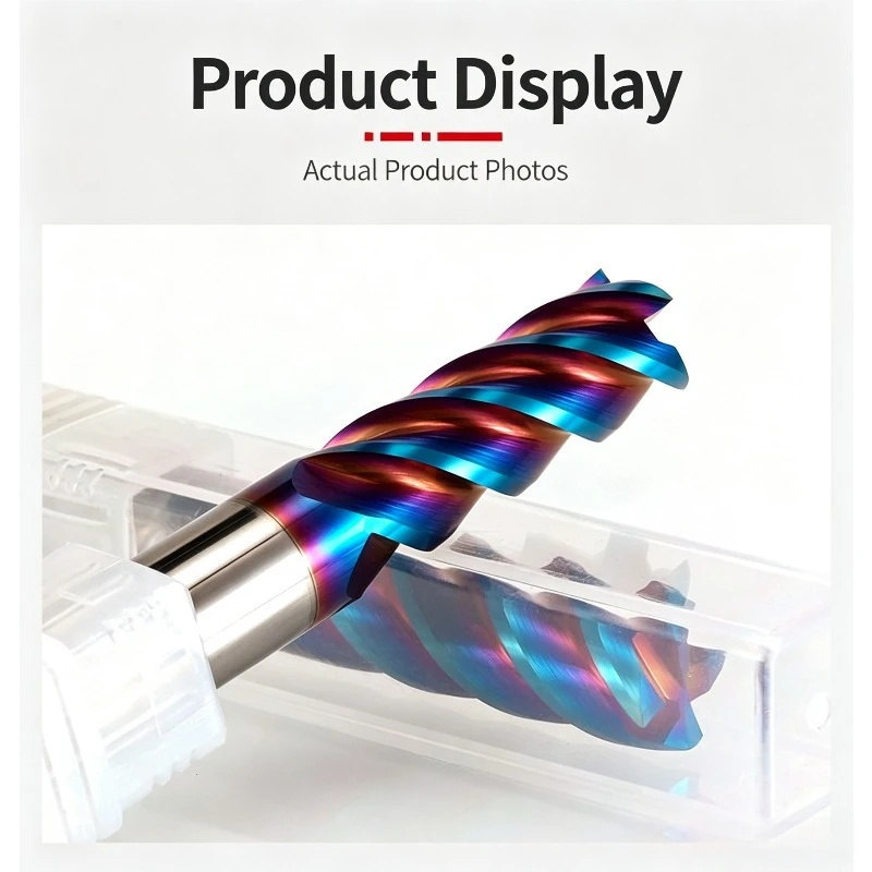 65-degree 4-flute carbide tungsten carbide end mill with blue composite coating, extended stainless steel special flat end mill