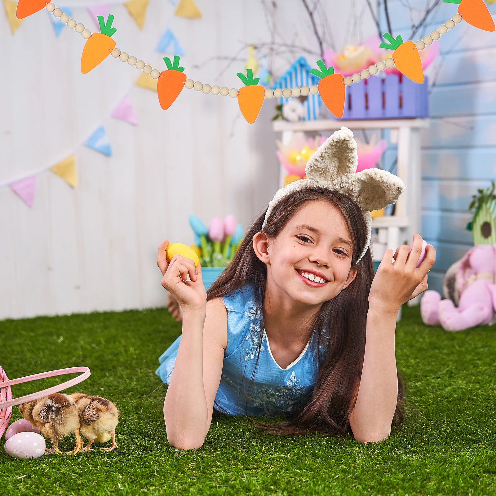 

Easter Carrot Felt Beaded Garland Decorative Wood Bead String Easter Window Hanging Ornaments Party Indoor Decorations