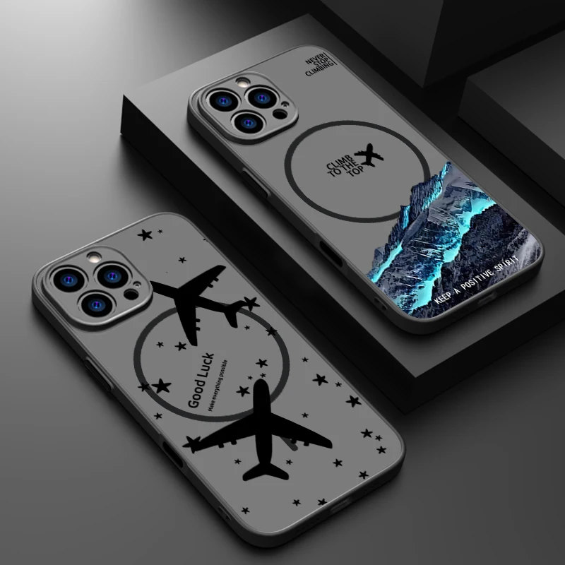 Magnetic Airplane Snow Mountain Case For iPhone 16 17 18 Pro Max Coque iPhone 16e 15 14 13 Pro Max Magnetic For Magsafe Cover