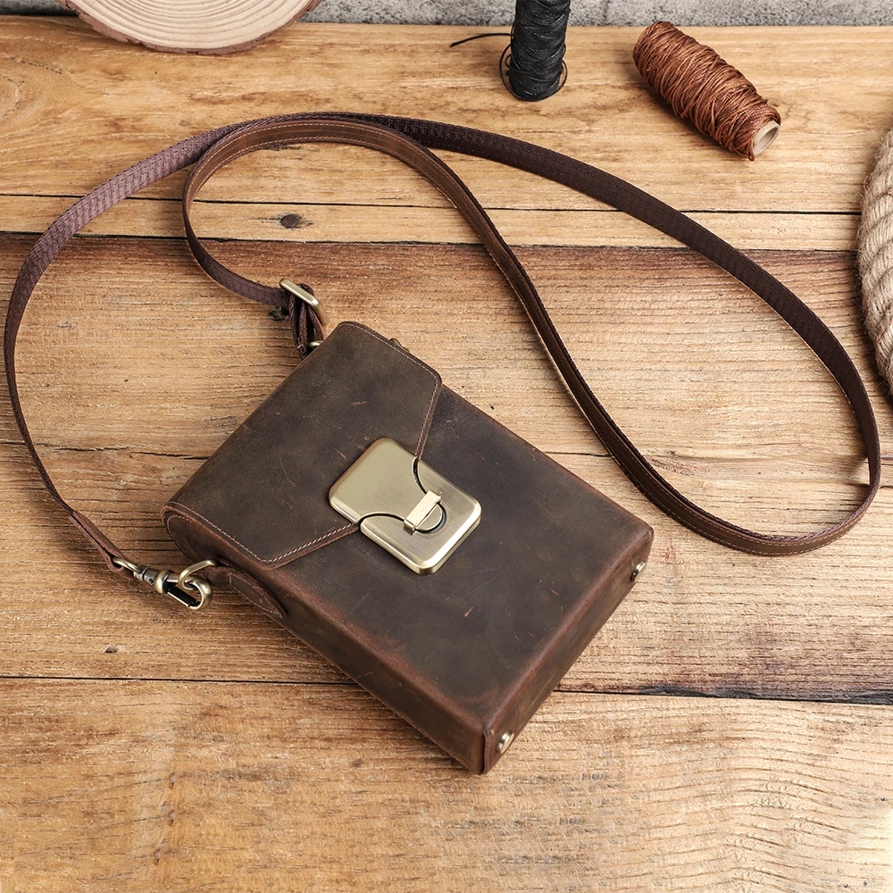 Vintage Crazy Horse Leather Phone Bag For Men Crossbody Cellphone Case Holder With Card Wallet Shoulder Luxury Designer Bag