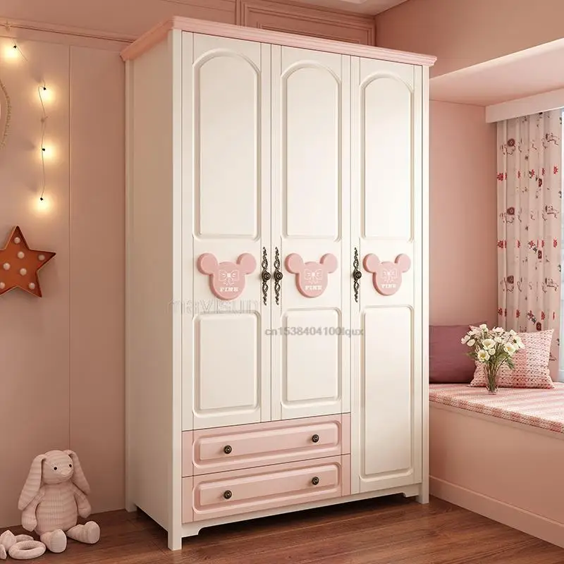 Children's Wardrobe Home Bedroom Cabinet Solid Wood Feet Two-Door Swing Door Girl Liked Pink Children's Room Large Wardrobe