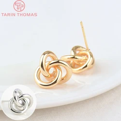 (2515) 6PCS 13MM 24K Gold Color Plated Brass Knotted Flower Stud Earrings High Quality DIY Jewelry Making Findings