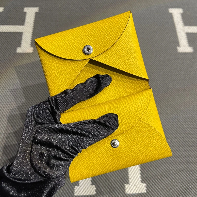 Genuine Leather Key Coin Document Pouches Button Closure Amber Yellow Practical Wallets for Men And Women