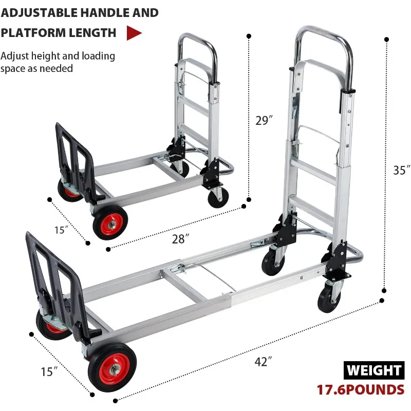 Aluminium Hand Truck Dolly Heavy Duty 440lbs Capacity 2 in 1 Convertible Folding Hand Truck with Pneumatic Wheels