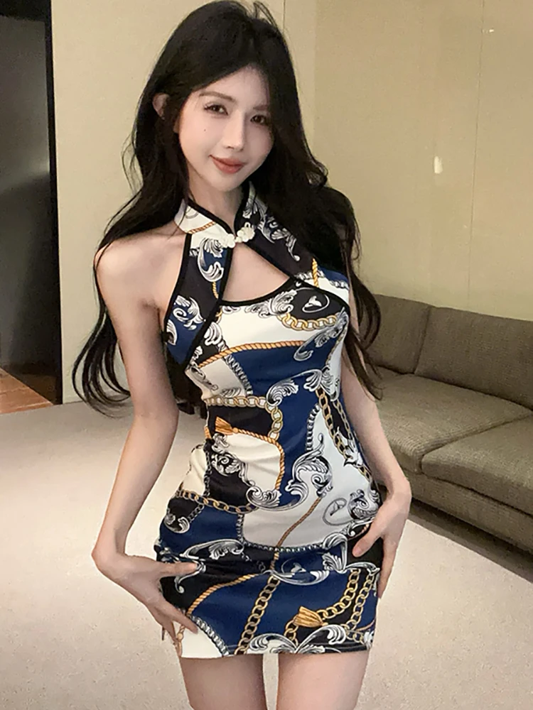 Mini abito sexy da donna con stampa scavata al collo 2025 Abito coreano aderente avvolgente sull'anca Abito estivo elegante da ballo di lusso per festival