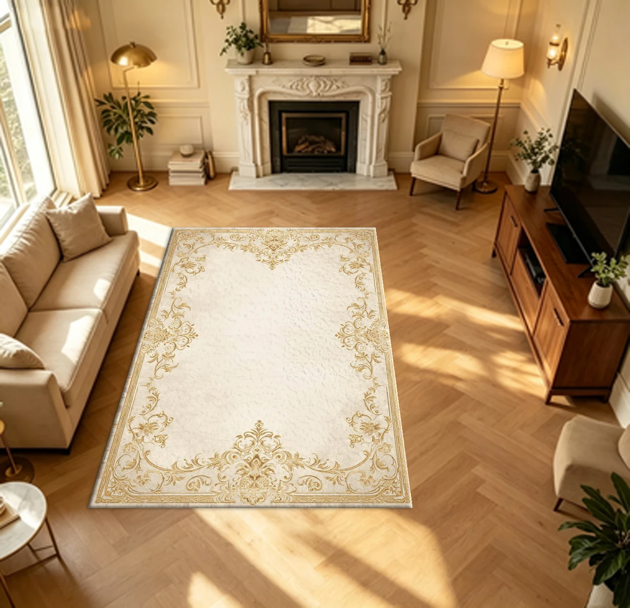Luxury Golden Baroque Ornate Border Carpet Flooring Vintage European Style Household Living Room Decor Area Rug Indoor Floor Ornament