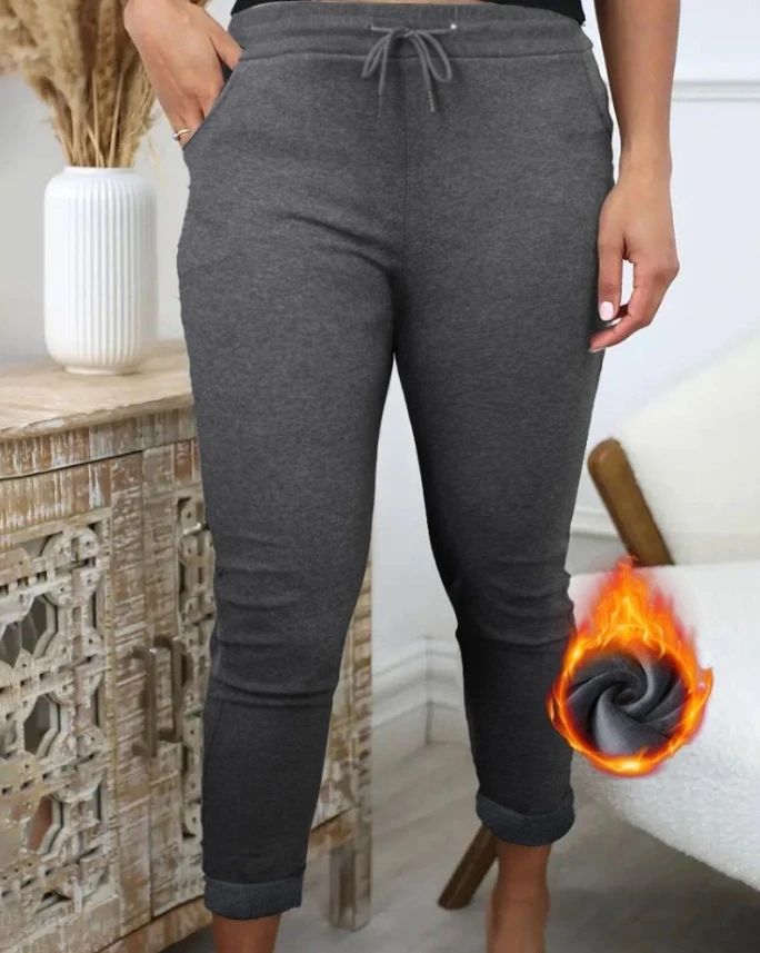 

Women's Autumn Fashion New Pants Drawstring Stretchy Waist Pocket Design Lined Sweatpants Temperament Commuting Casual Pants