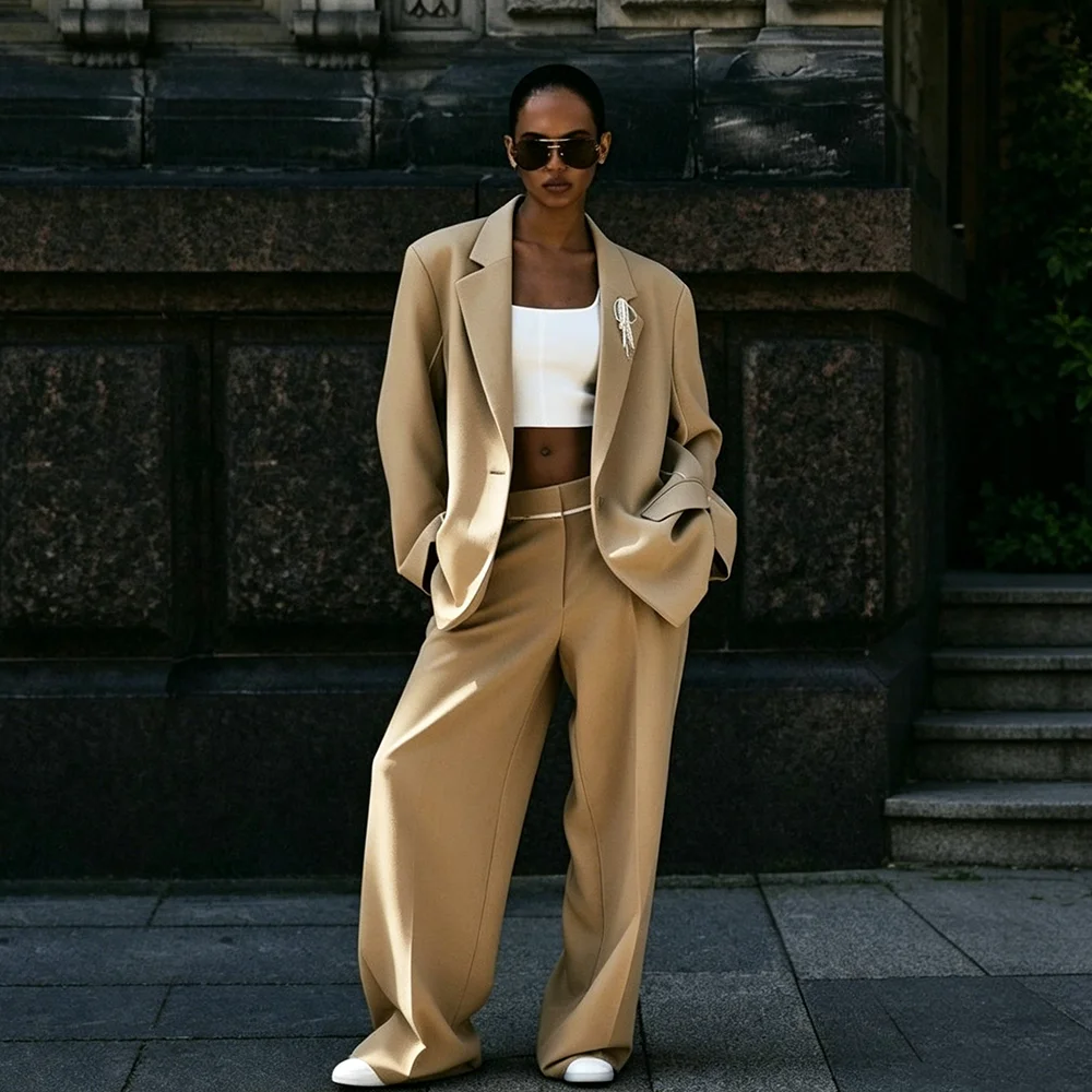 Smart Casual Women Suit 2 Piece Jacket Wide Leg Pants Streetwear Female Blazer Set Fashion Trousers Formal Office Lady Clothing