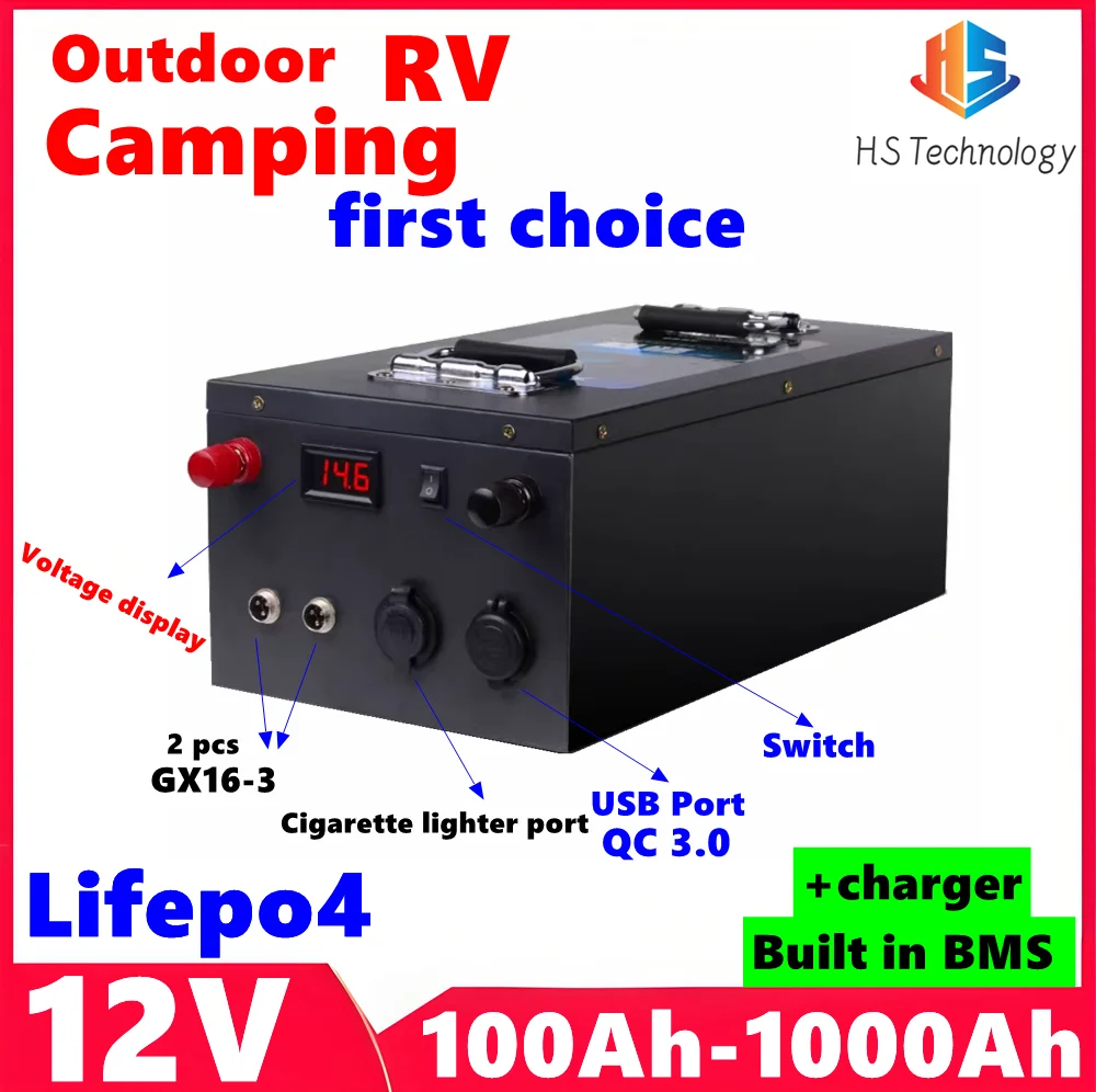 

HS Lifepo4 12V 200Ah 100Ah 300Ah 400Ah 500Ah 600Ah 800Ah 1000Ah Battery for Camping Outdoor RV inverter Camping portable backup