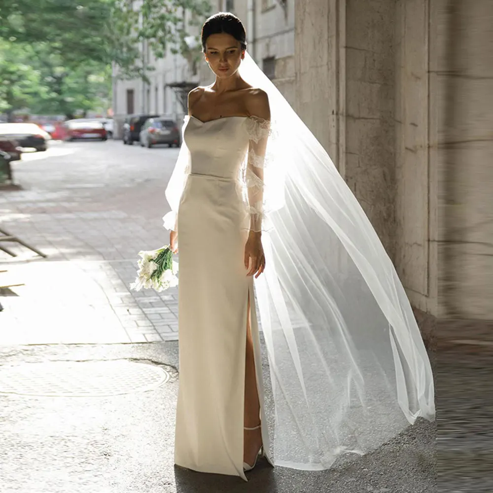 

Ramanda Elegant Strapless Simple Wedding Dress For Bride 2024 Side Slit Long Sleeves A-Line Simple Spandex Civil Bridal Gowns