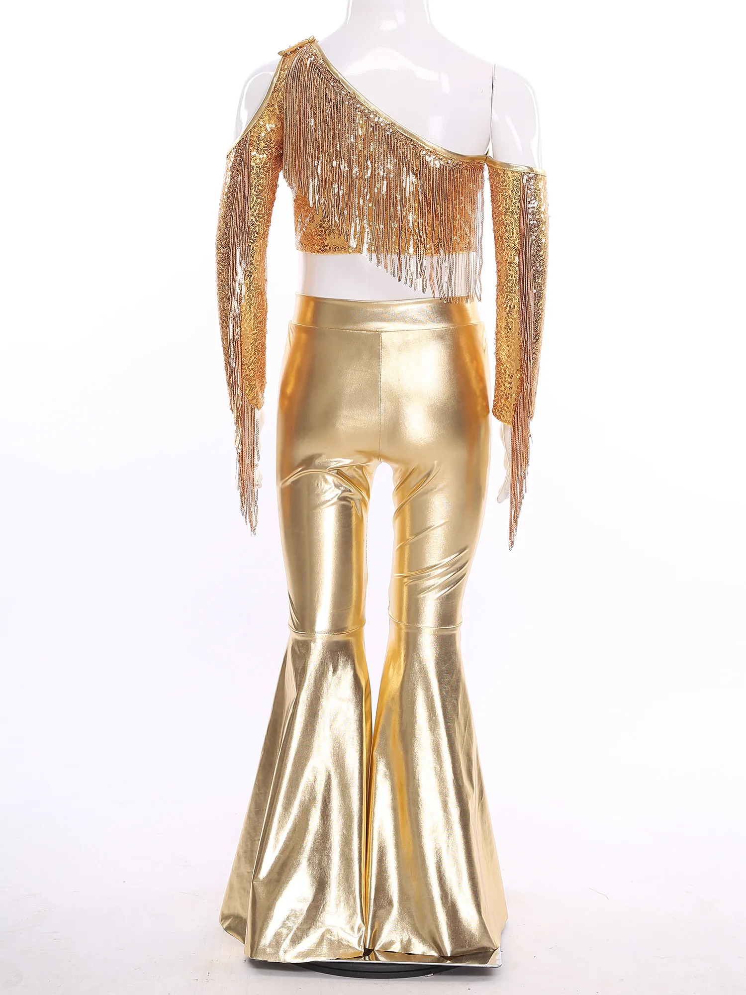 Conjunto de baile de Jazz para niñas, Top de lentejuelas con un hombro y pantalones con parte inferior de campana dividida, traje de baile disco para actuación de danza del vientre