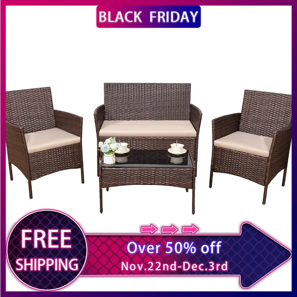 

4 Pieces Outdoor Patio Furniture Set, Rattan Wicker Chairs Balcony Lawn Porch Patio Furniture Sets with Beige Cushion and Table