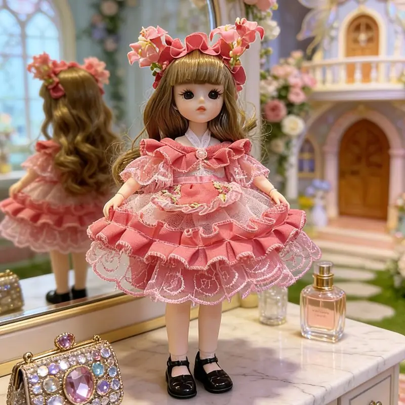 Romantic Rose Flower Crown Ruffle Dress for 30Cm Dolls Sweet Pink Princess Party Outfit Contain 1/6 Bjd Doll Clothes and Doll