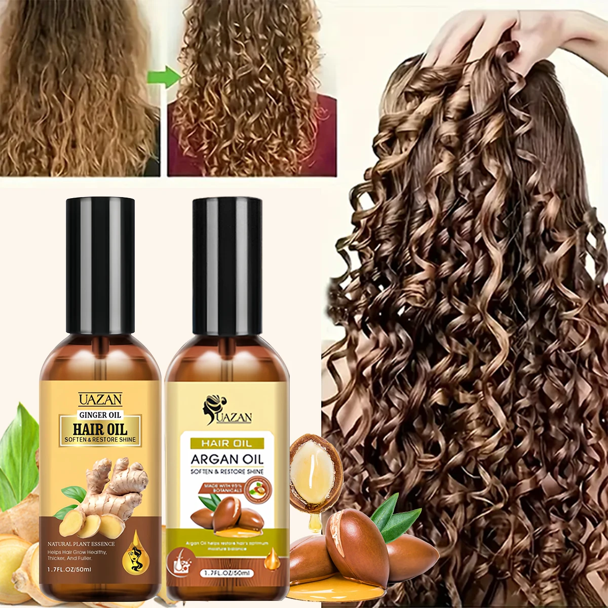 

Ginger Root & Nut Hair Oil Set repairs curly hair and protects it, making it smooth, easy to comb, and taming frizz in curls.