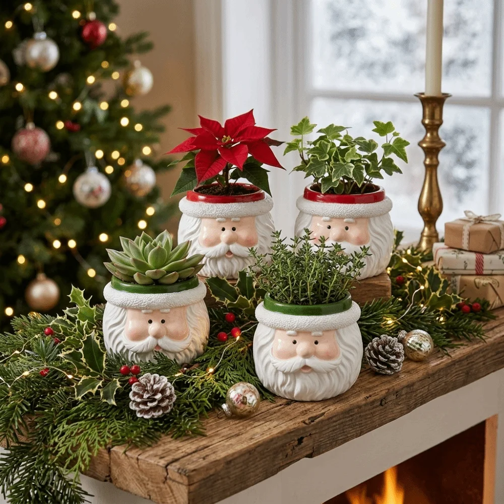 Cartoon Santa Claus Flower Pot Holiday Resin Succulents Flowerpot Storage Pencil Holder Christmas Ornaments Desk