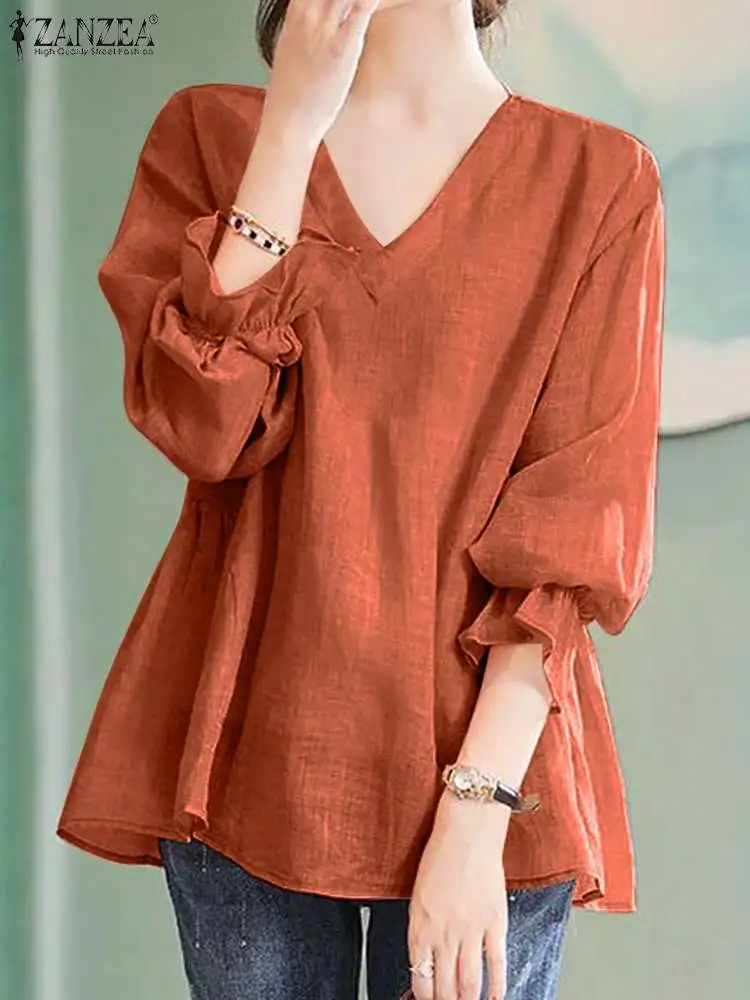 ZANZEA 2024 Summer Women Solid Chic Blouse Vintage Long Sleeve V-neck Shirts Fashion Casual Loose Holiday Tops Tunics Oversized