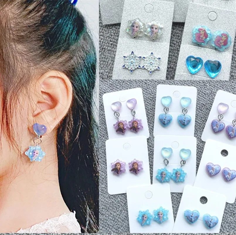 Disney Frozen Princess Clip Earrings Anime Cartoon Princess Elsa Anna Snow White Girls Earrings Jewelry Birthday Christmas Gift