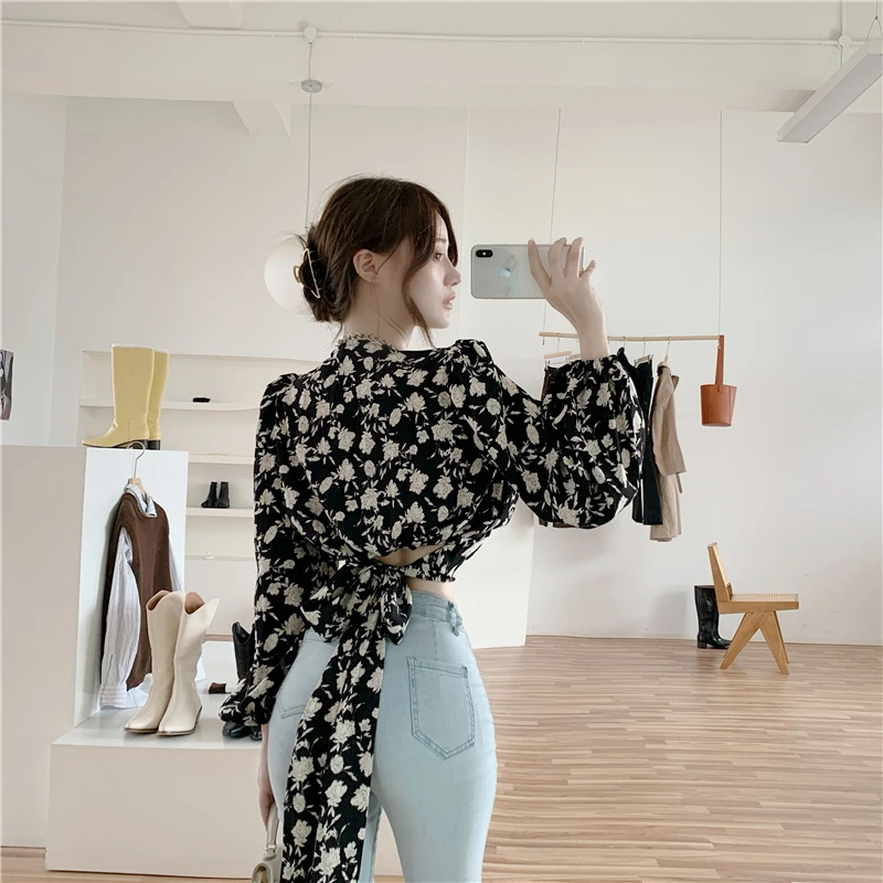 Y2k Floral Print Women Shirts Korean Elegant Slim Lace Up Female Blouse Autumn New V Neck Office Ladies Crop Tops